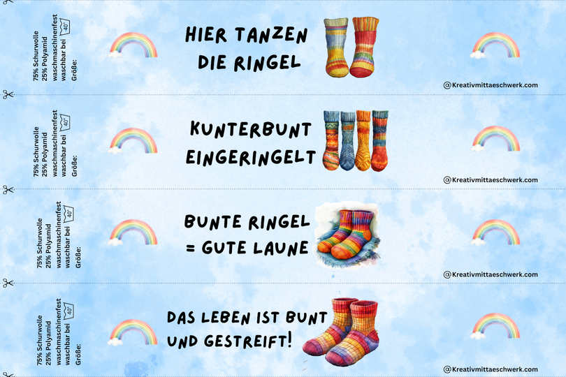 Sockenbanderolen "Bunt & Ringel" – 8 Vorlagen direkt zum Ausdrucken