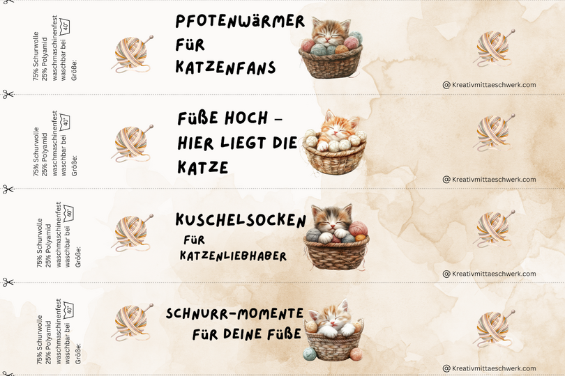 Sockenbanderolen "Katzen-Liebe" – 8 süße Vorlagen direkt zum Ausdrucken