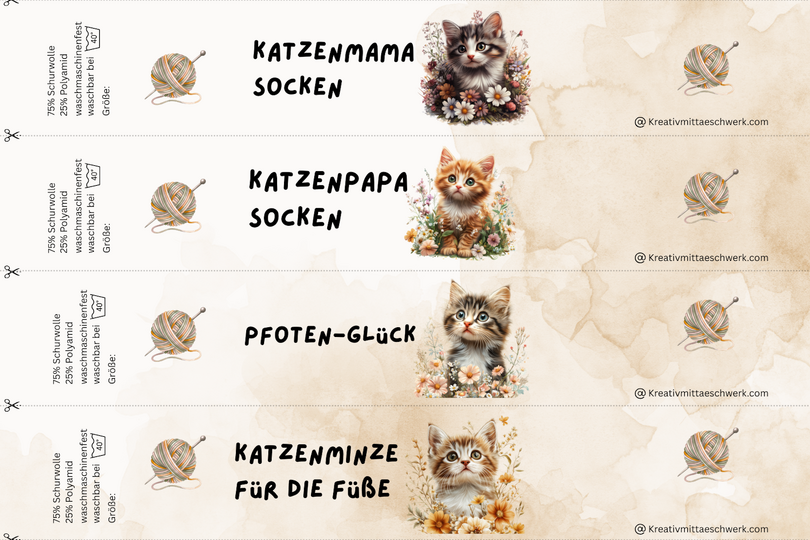 Sockenbanderolen "Katzen-Liebe" – 8 süße Vorlagen direkt zum Ausdrucken