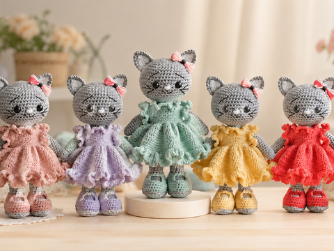 Amigurumi Cat with Ruffled Dress - English Crochet Pattern PDF