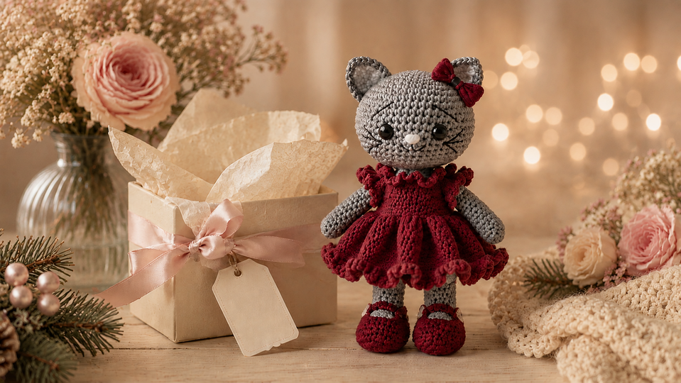 Amigurumi-Katze mit Rüschenkleid - Deutsche Häkelanleitung als PDF