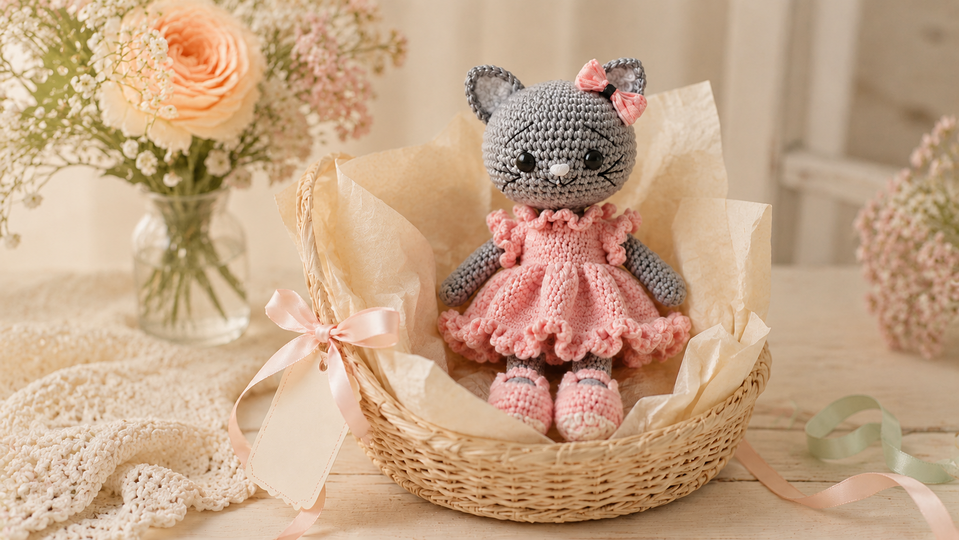 Amigurumi-Katze mit Rüschenkleid - Deutsche Häkelanleitung als PDF