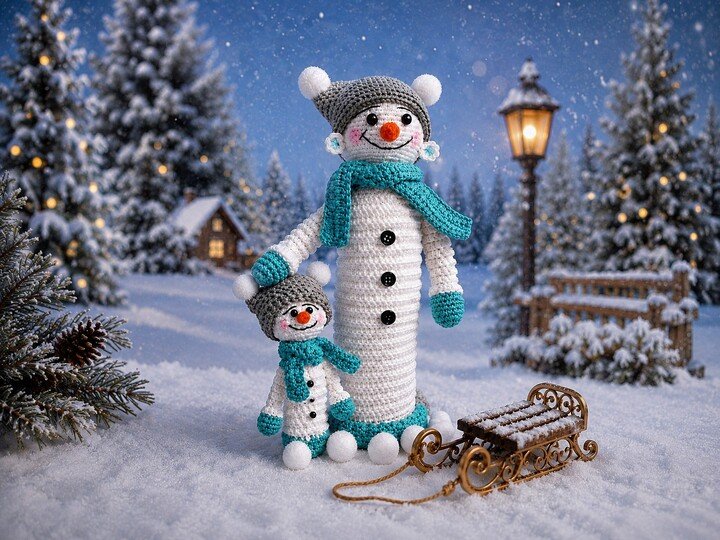Snowmen Frosti & Flocki – English Amigurumi Crochet Pattern PDF