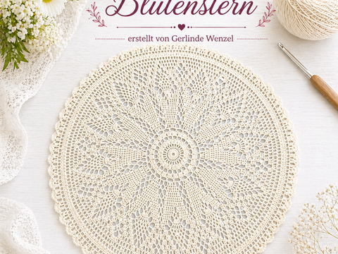 Häkelanleitung Blütenstern – romantisches rundes Deckchen mit Blütenmuster