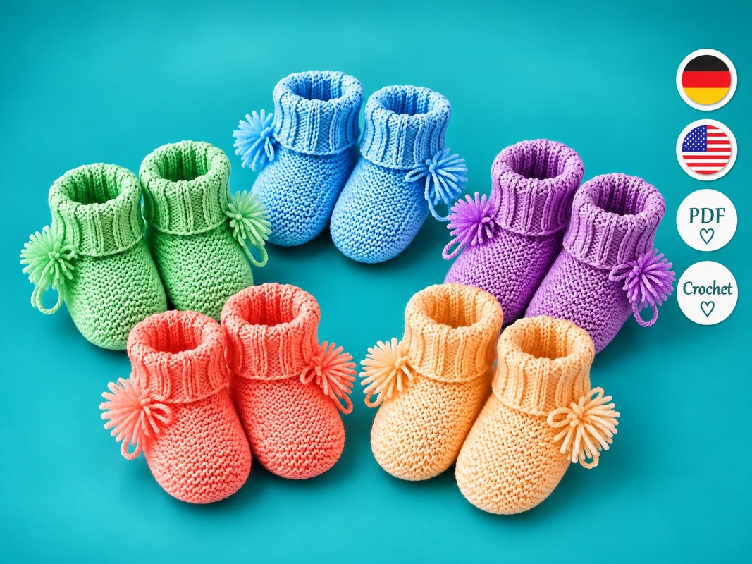 Knitting Pattern Baby Booties with Pompoms PDF