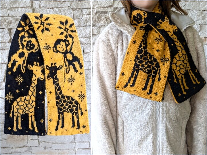 Scarf "Friends in the snow" - Double sided knitting pattern