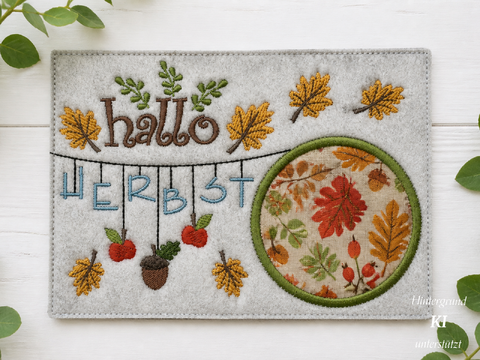 Stickdatei Herbst Mugrug Untersetzer Hallo Herbst 13x18cm