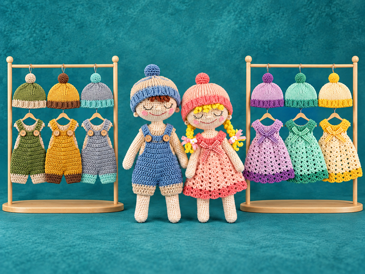 Häkelanleitung Schmusepuppen Joe & Mary mit gestrickten Mützen