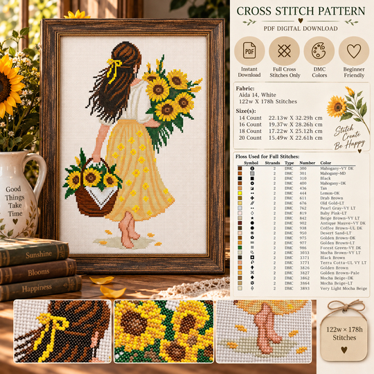 Sunflower Girl Cross Stitch Pattern PDF – Woman with Sunflowers Embroidery