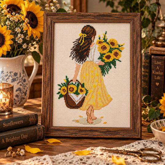 Sunflower Girl Cross Stitch Pattern PDF – Woman with Sunflowers Embroidery