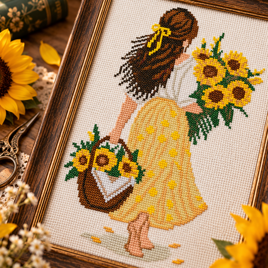 Sunflower Girl Cross Stitch Pattern PDF – Woman with Sunflowers Embroidery
