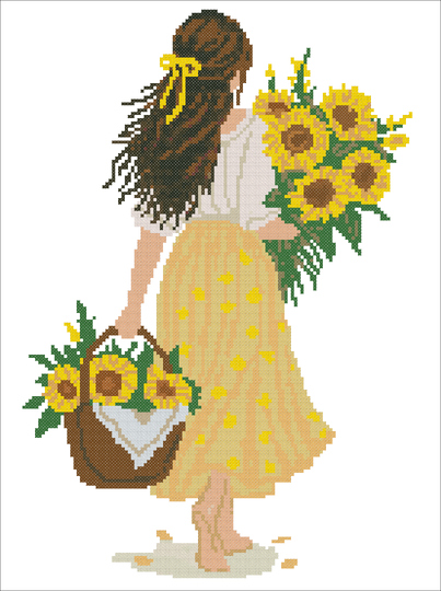 Sunflower Girl Cross Stitch Pattern PDF – Woman with Sunflowers Embroidery