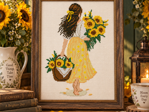 Sunflower Girl Cross Stitch Pattern PDF – Woman with Sunflowers Embroidery