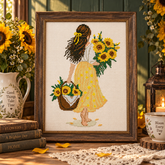 Sunflower Girl Cross Stitch Pattern PDF – Woman with Sunflowers Embroidery