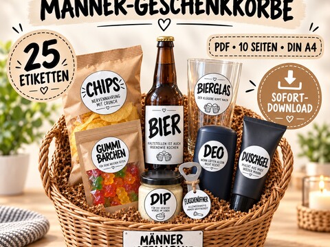 Geschenkkorb Männer Etiketten – 25 lustige Geschenkanhänger zum Ausdrucken
