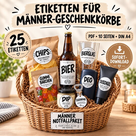 Geschenkkorb Männer Etiketten – 25 lustige Geschenkanhänger zum Ausdrucken