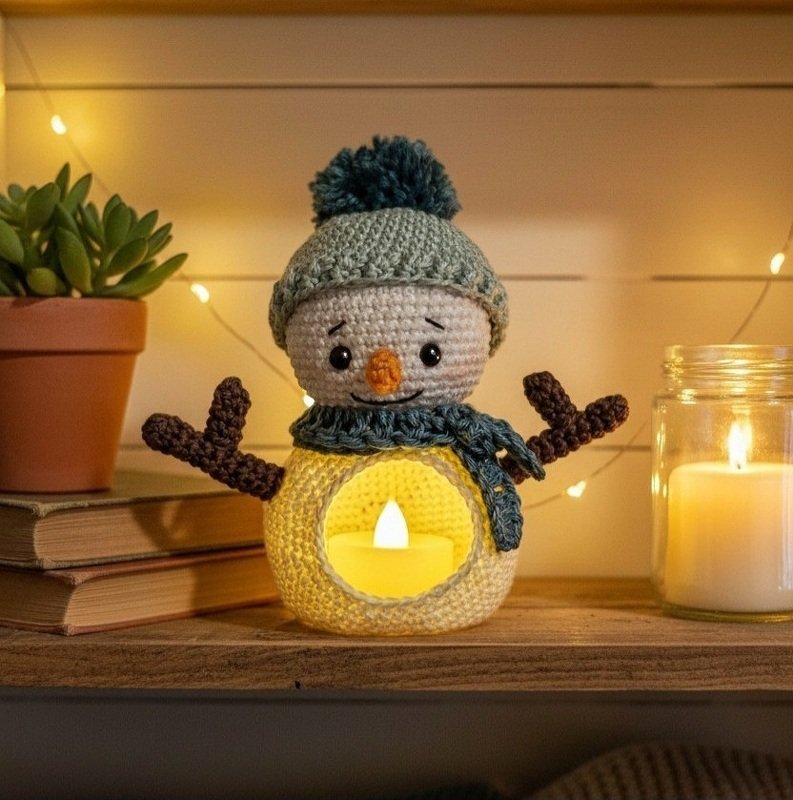 PDF Häkelanleitung Amigurumi Teelichthalter Schneemann Flocki