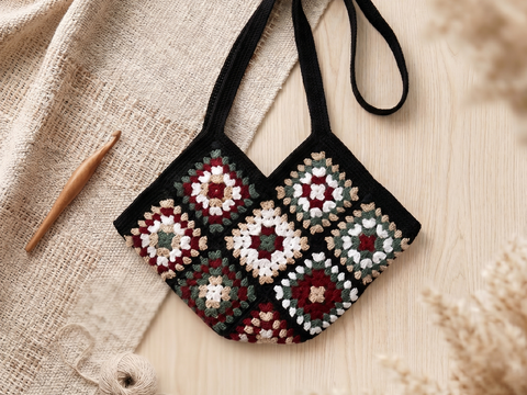 Granny Square Tasche häkeln – große Einkaufstasche mit Henkeln (DE & EN)