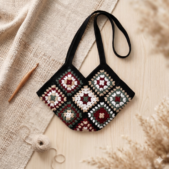 Granny Square Tasche häkeln – große Einkaufstasche mit Henkeln (DE & EN)