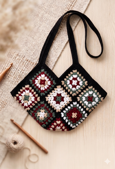 Granny Square Tasche häkeln – große Einkaufstasche mit Henkeln (DE & EN)