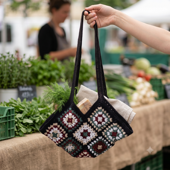 Granny Square Tasche häkeln – große Einkaufstasche mit Henkeln (DE & EN)