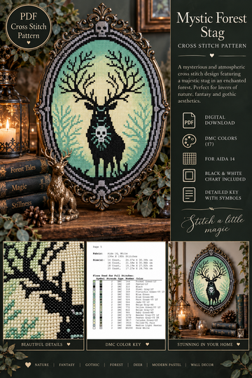 Mystic Forest Stag Cross Stitch Pattern – Counted Cross Stitch PDF Download