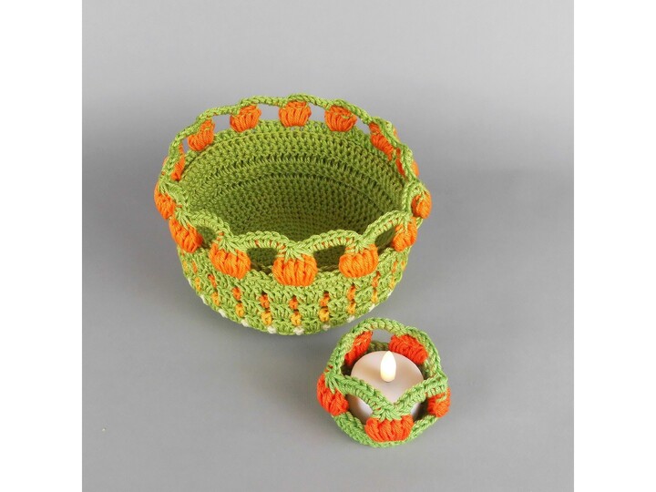 Crochet Pattern Fall Decor Set Tealight Holder and Basket, for Beginners