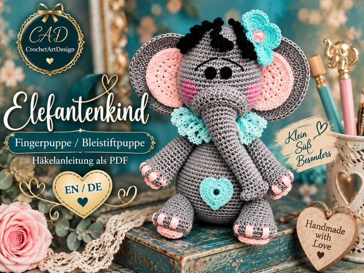 Fingerpuppe / Bleistiftpuppe Elefantenkind – Häkelanleitung PDF