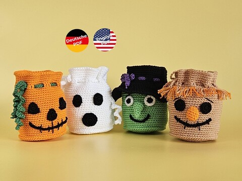 Halloween Geschenksäckchen 4er Set – Geist, Hexe, Kürbis & Strohmann