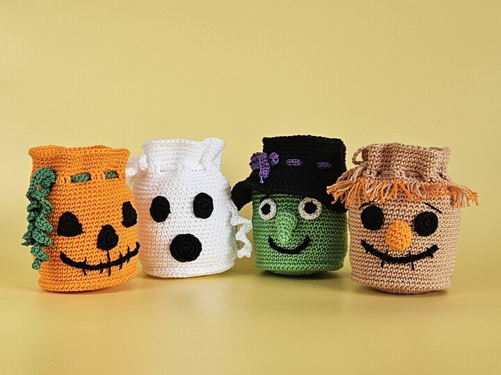Halloween Geschenksäckchen 4er Set – Geist, Hexe, Kürbis & Strohmann