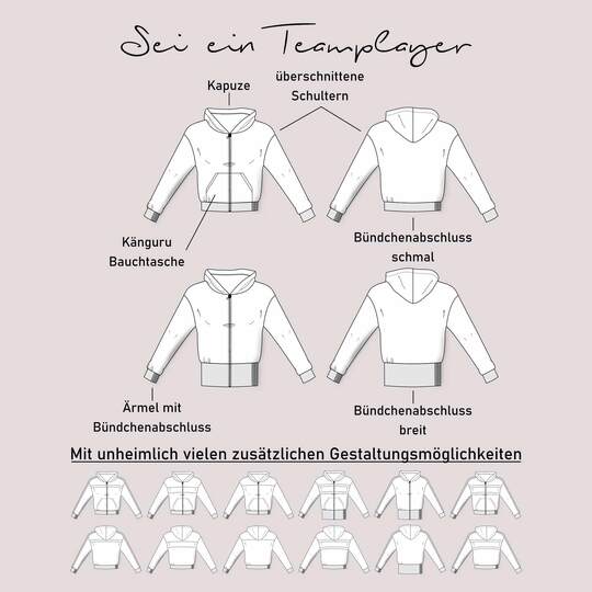 Schnittmuster Sweatjacke Damen mit Kapuze & Colorblocking Gr. 32–62