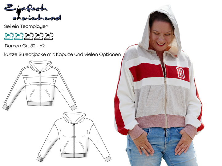 Schnittmuster Sweatjacke Damen mit Kapuze & Colorblocking Gr. 32–62