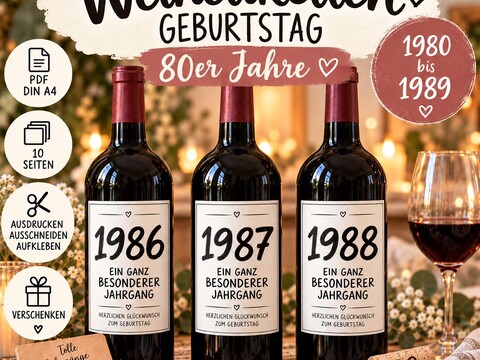 Weinetiketten Geburtstag 80er Jahre | Jahrgang 1980–1989