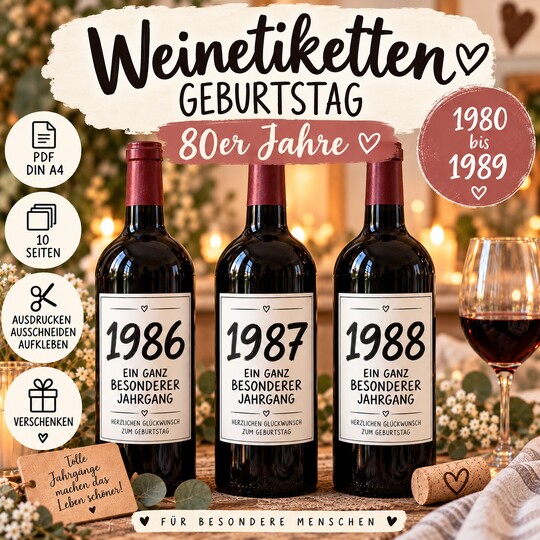 Weinetiketten Geburtstag 80er Jahre | Jahrgang 1980–1989