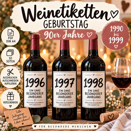 Weinetiketten Geburtstag 90er Jahre | Jahrgang 1990–1999