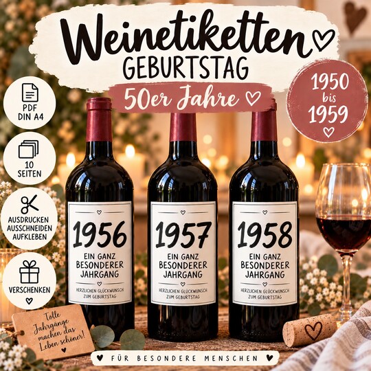 Weinetiketten Geburtstag 50er Jahre | Jahrgang 1950–1959