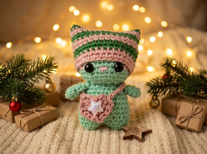 Crochet Pattern – Cat with Hat & Heart Bag