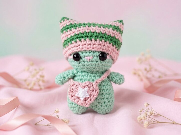 Crochet Pattern – Cat with Hat & Heart Bag