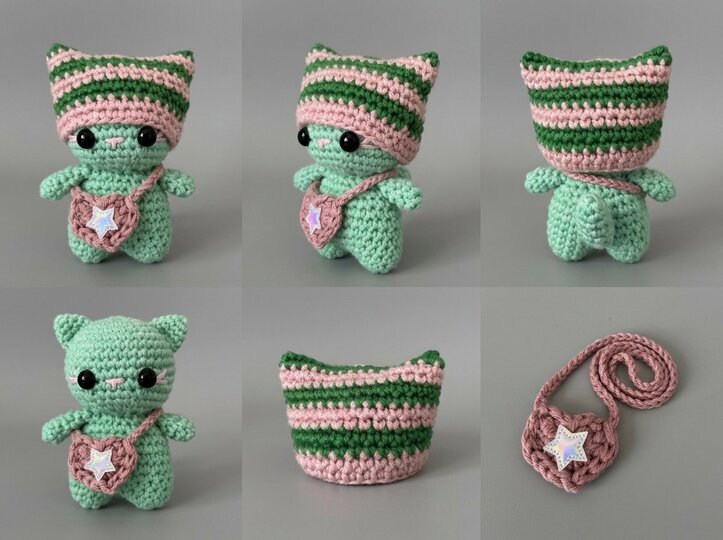 Crochet Pattern – Cat with Hat & Heart Bag