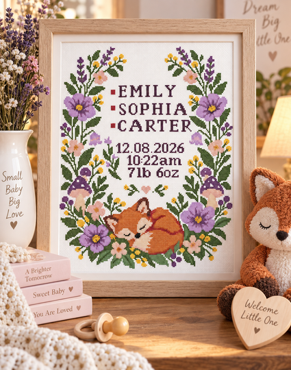 Baby Birth Announcement Cross Stitch Pattern PDF – Woodland Fox Sampler