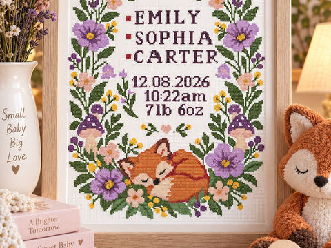 Baby Birth Announcement Cross Stitch Pattern PDF – Woodland Fox Sampler
