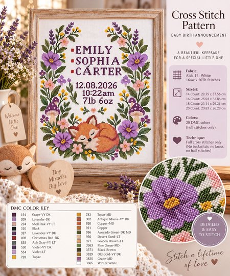 Baby Birth Announcement Cross Stitch Pattern PDF – Woodland Fox Sampler