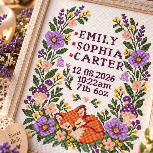Baby Birth Announcement Cross Stitch Pattern PDF – Woodland Fox Sampler