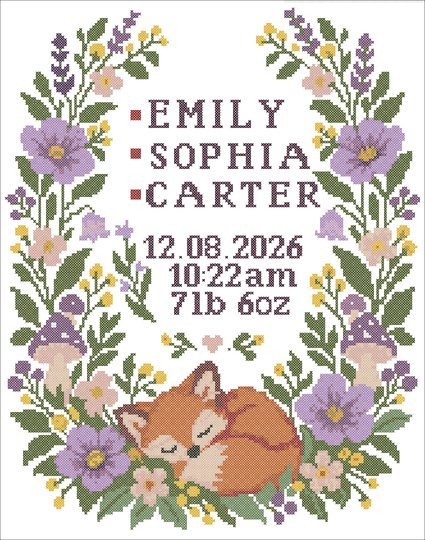 Baby Birth Announcement Cross Stitch Pattern PDF – Woodland Fox Sampler