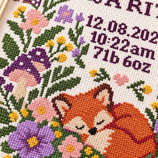 Baby Birth Announcement Cross Stitch Pattern PDF – Woodland Fox Sampler