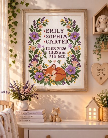Baby Birth Announcement Cross Stitch Pattern PDF – Woodland Fox Sampler