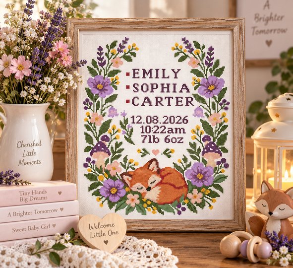 Baby Birth Announcement Cross Stitch Pattern PDF – Woodland Fox Sampler