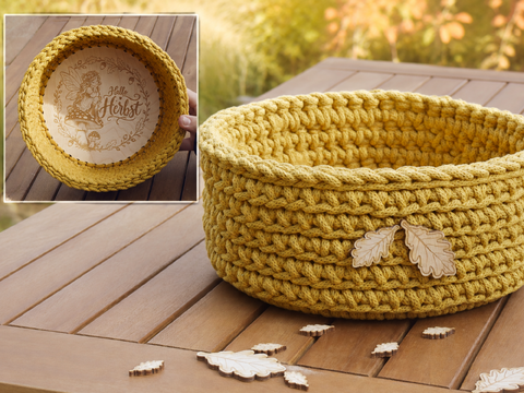 + LIORA + Crochet an autumn-themed basket or tray with a wooden base