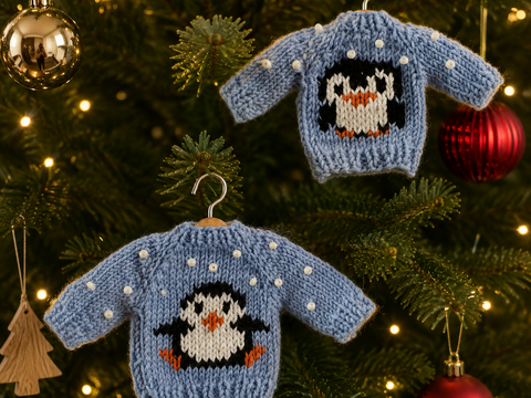Knitting Pattern: Christmas Tree Ornament, Christmas Sweater, Penguin