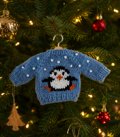 Knitting Pattern: Christmas Tree Ornament, Christmas Sweater, Penguin